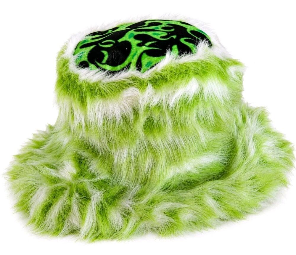 Y2k Fuzzy Lime Green Bucket Hat Plush Faux Fur Flames Costume